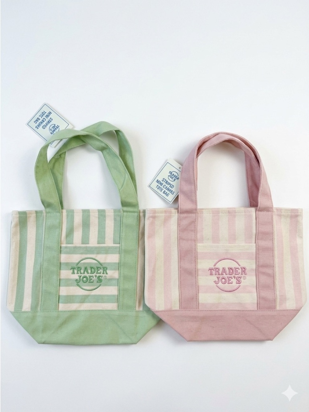NWT! Trader Joe’s Striped Canvas Tote Bags Set of 2  - Pink and Green